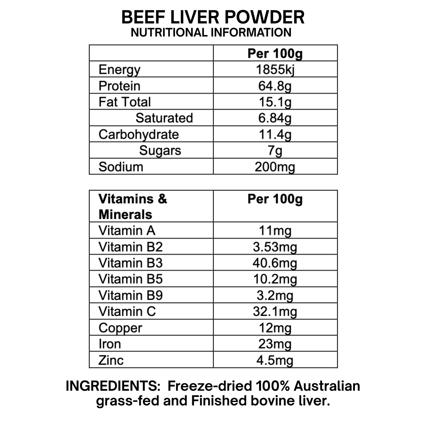 100g Organic Beef Liver Powder- Australian Grass Fed & Finished Freeze-Dried Beef
