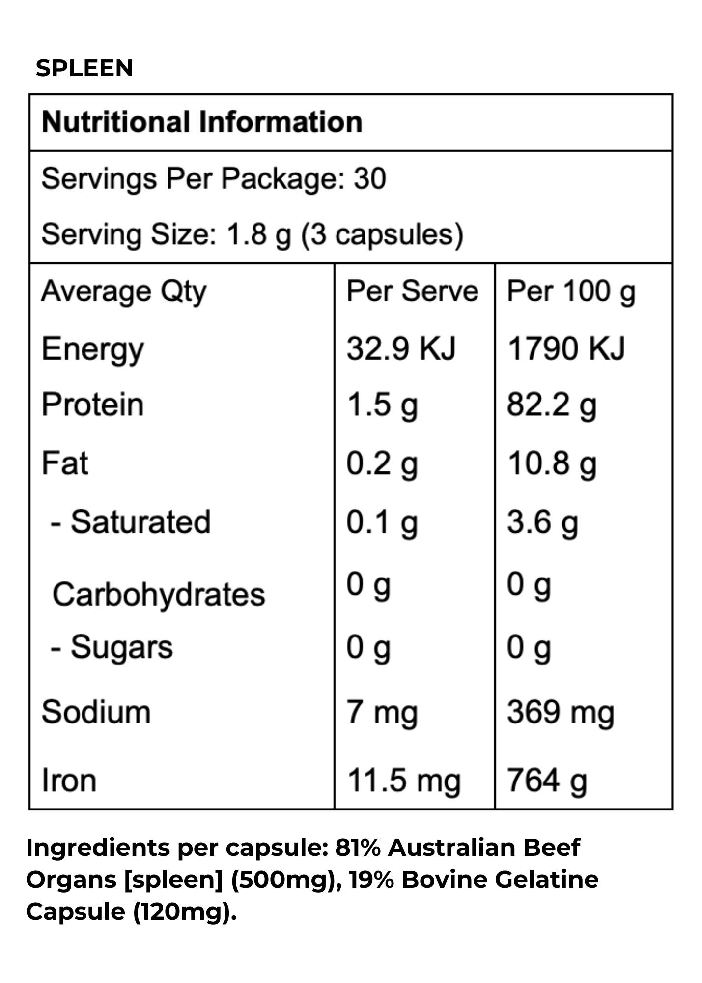 Organic Beef Spleen Capsules | 90 Capsules- 100% Australian Grass Fed & Finished