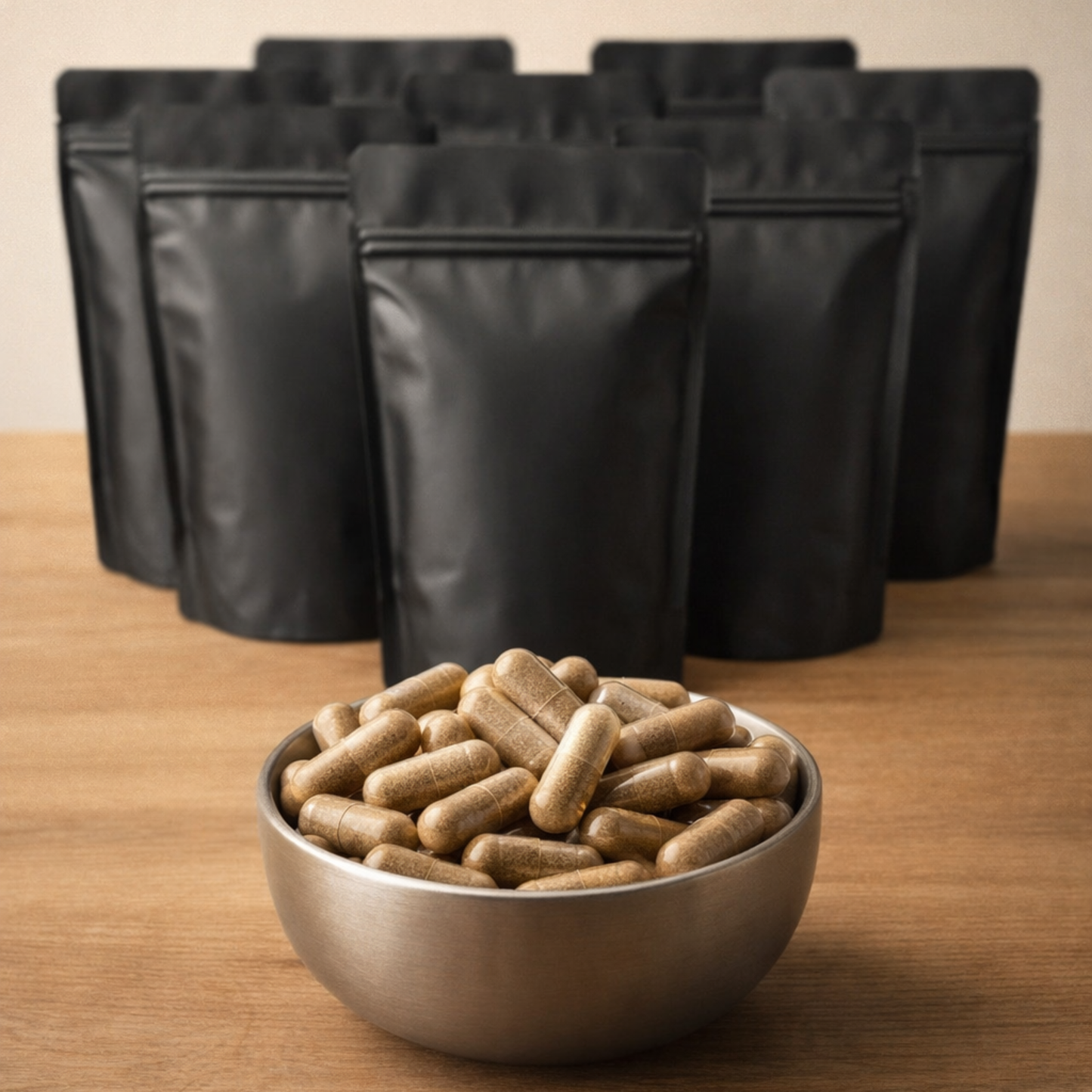 Bowl of beef spleen capsules with matte black bags behind
