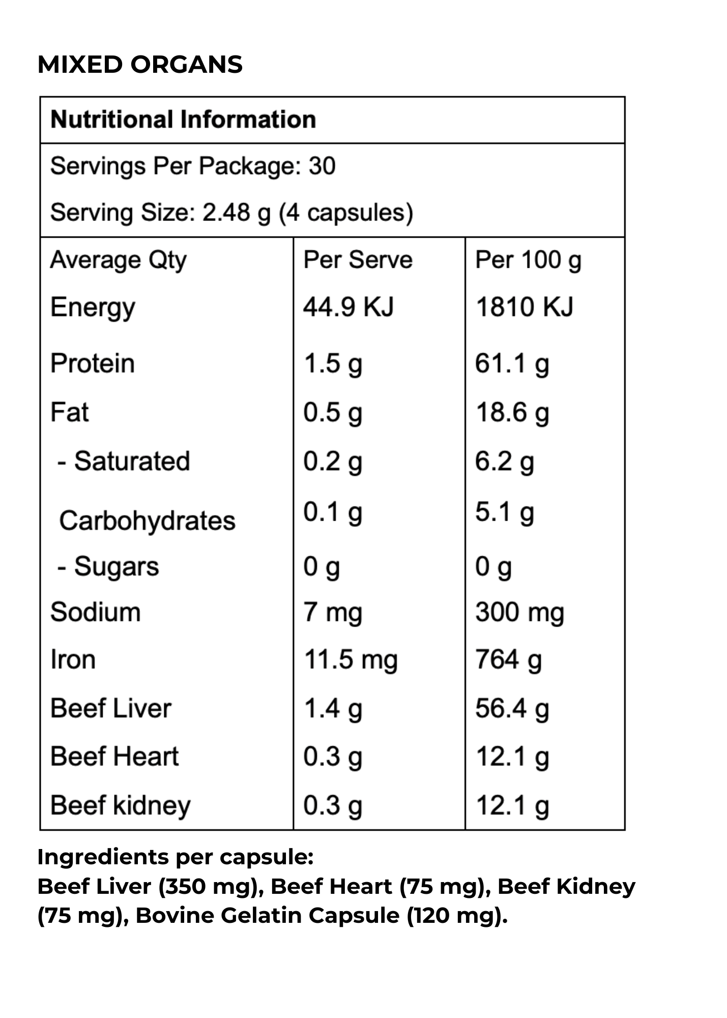 Organic Beef Organ Blend Capsules | 120 Capsules- 100% Australian Grass Fed & Finished Beef